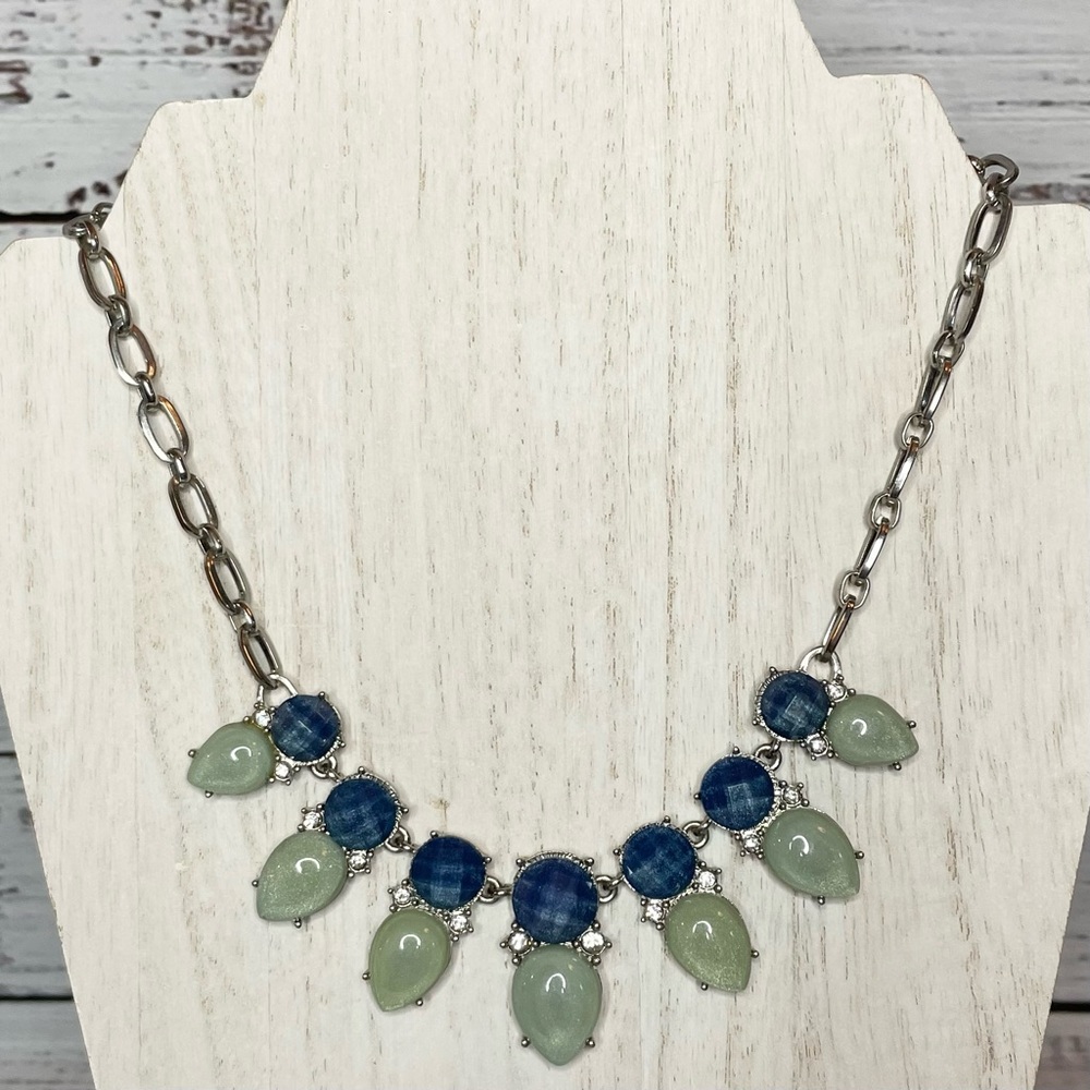 Fashion Necklace with Navy Blue/Celadon Glass Gems/Faux Crystals (Adjustable)